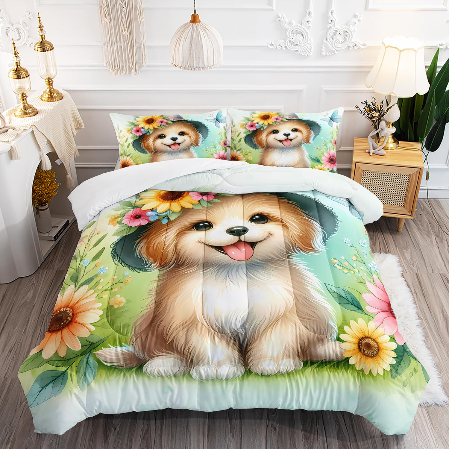 XYNHML Kawaii Dog Theme Comforter 3Pcs Full Cartoon Pet Puppy Dog Animal Flower Bedding Set for Kid Teen Girl Boy Adult Tie Dye Butterfly Floral Hat