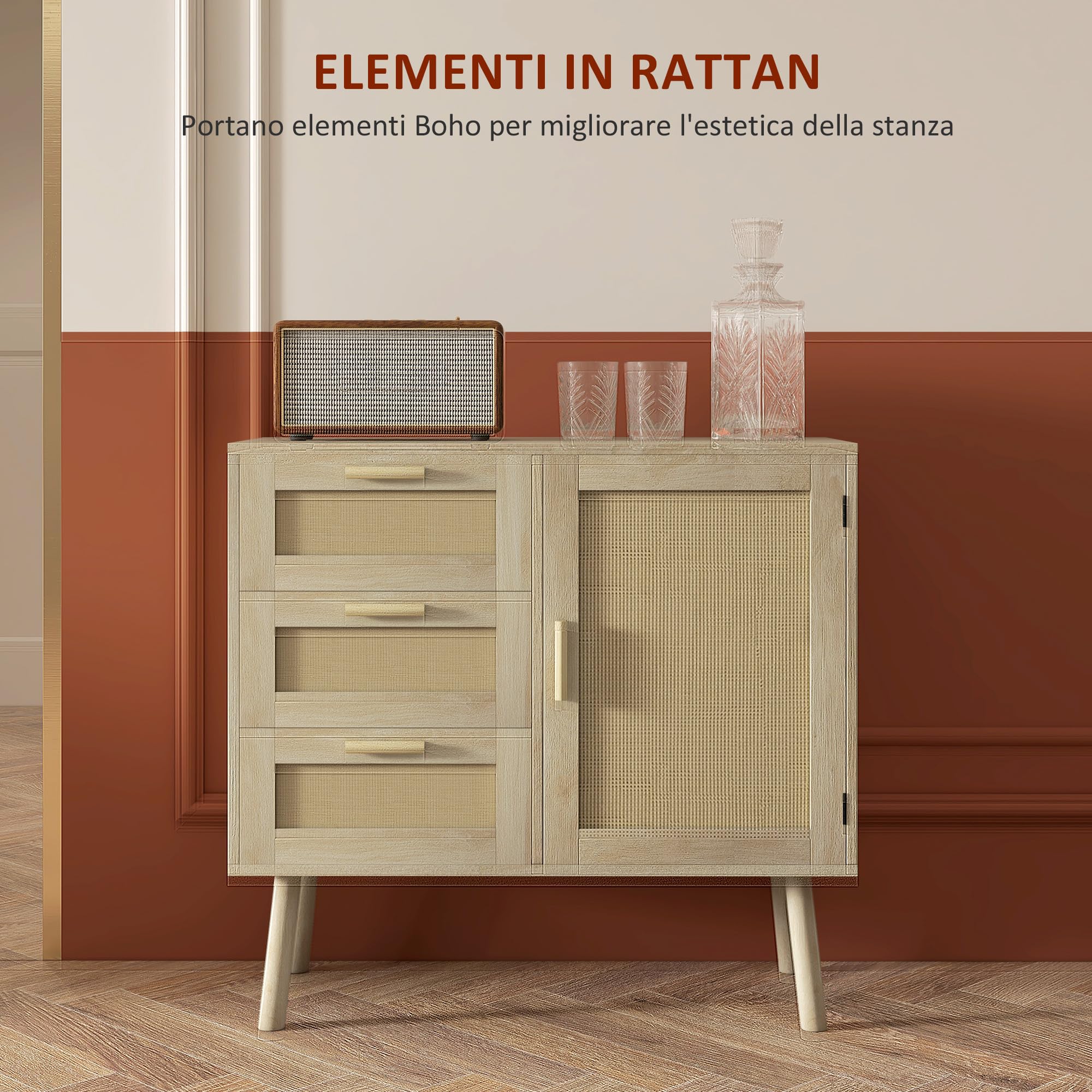 HOMCOM Mobile Multiuso in Stile Boho con Armadietto e 3 Cassetti in Legno e Rattan per Soggiorno e Ingresso, 80x36x75cm, Rovere