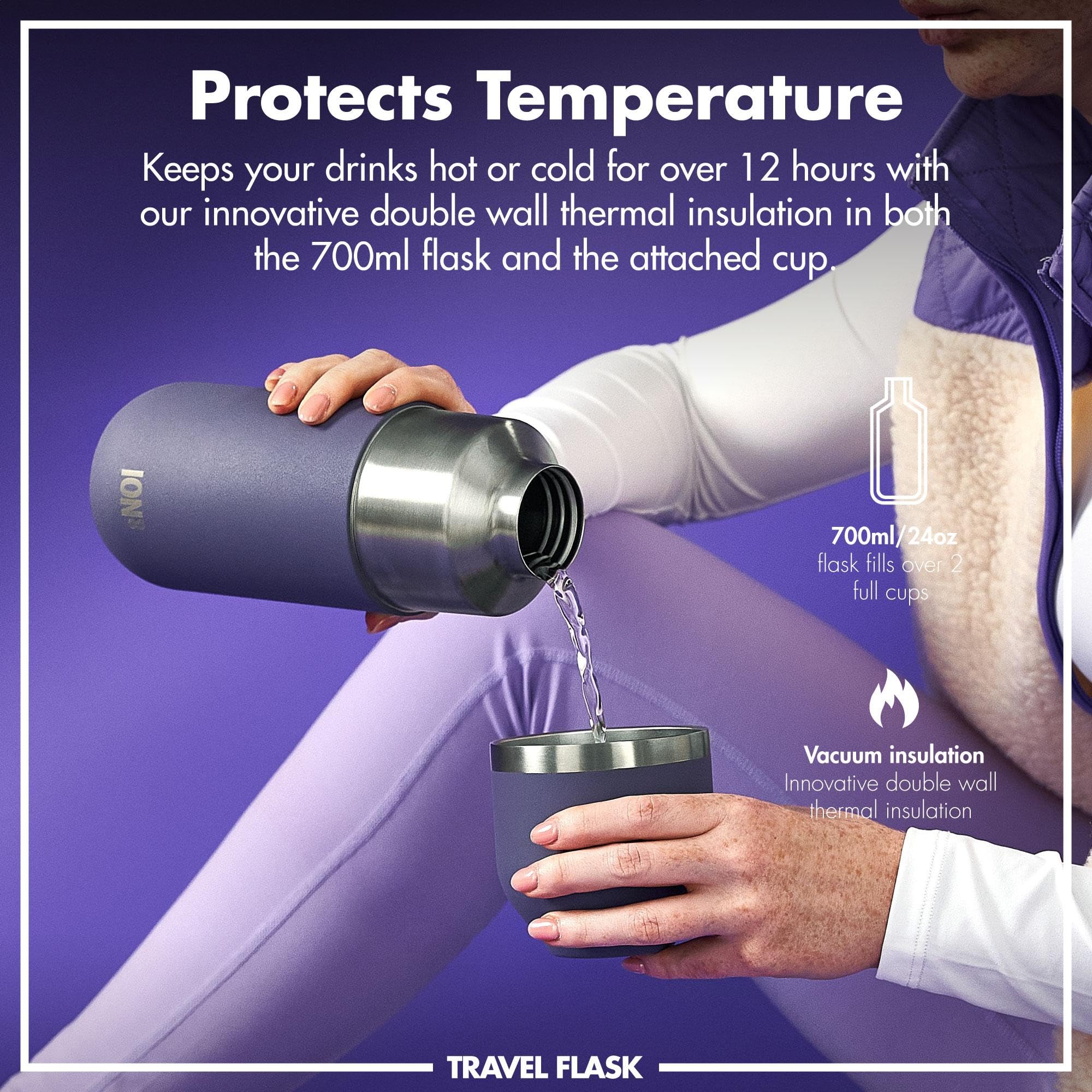 ION8 Vacuum Insulated ThermoShield Flask for Hot Drinks or Cold Drinks Large Insulated Mug, 2 Cups Capacity, Magnetic Cap - Image 2