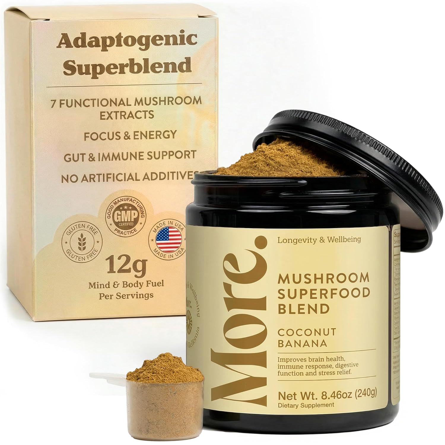 More. Longevity & Wellbeing Premium Mushroom Supplement Superfood with Natural Caffeine – 7 Functional Mushrooms Extracts with Lion’s Mane Supplement, Reishi, Chaga & Ashwagandha Extract for Energy & Focus – Coconut Banana
