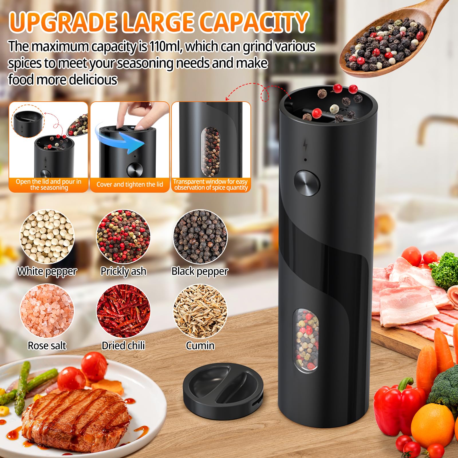 Ensemble Moulins à Sel Et Poivre Électriques Rechargeables - Base USB, Réglable, 110ml Acier Inoxydable