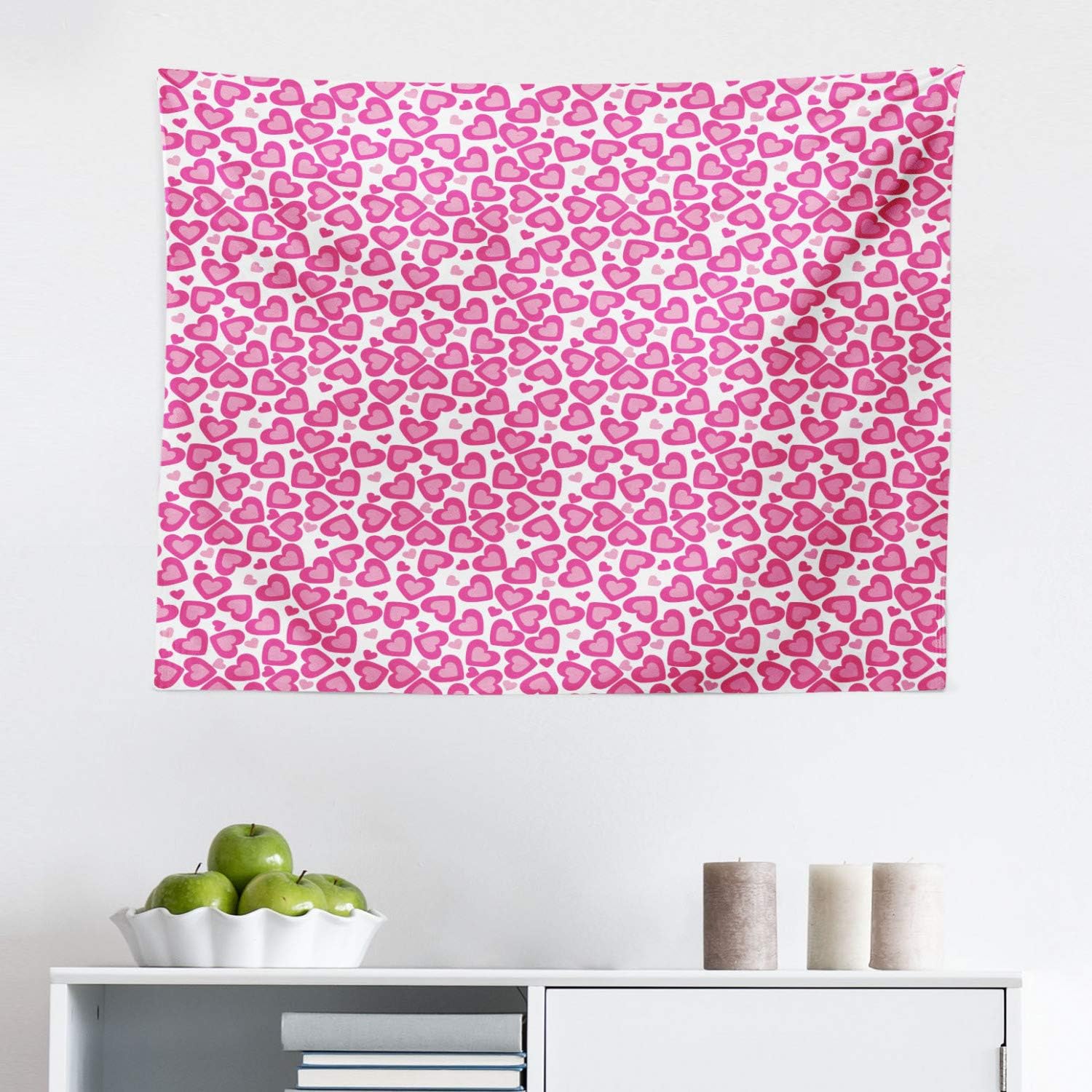 Lunarable Hearts Tapestry, Valentines Day Heart Pattern with Vibrant Colors and Numerous Sizes Love Adoration, Fabric Wall Hanging Decor for Bedroom Living Room Dorm, 45" X 30", Pink White