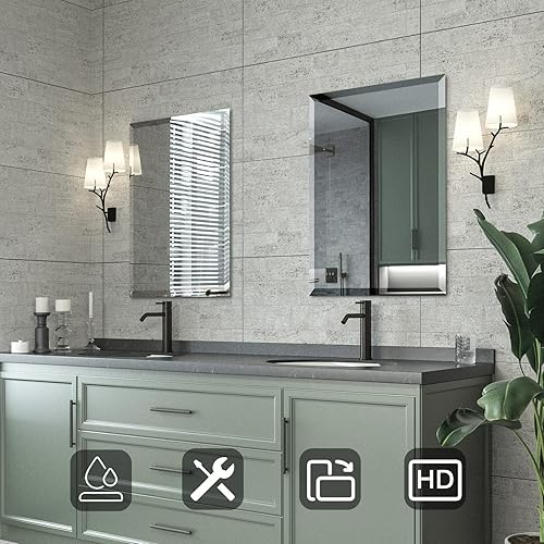 Miniatura 8 de Espejo biselado, espejo de pared de 20 x 28 pulgadas, espejo rectangular sin marco para tocador de baño con borde biselado, se cuelga horizontal o