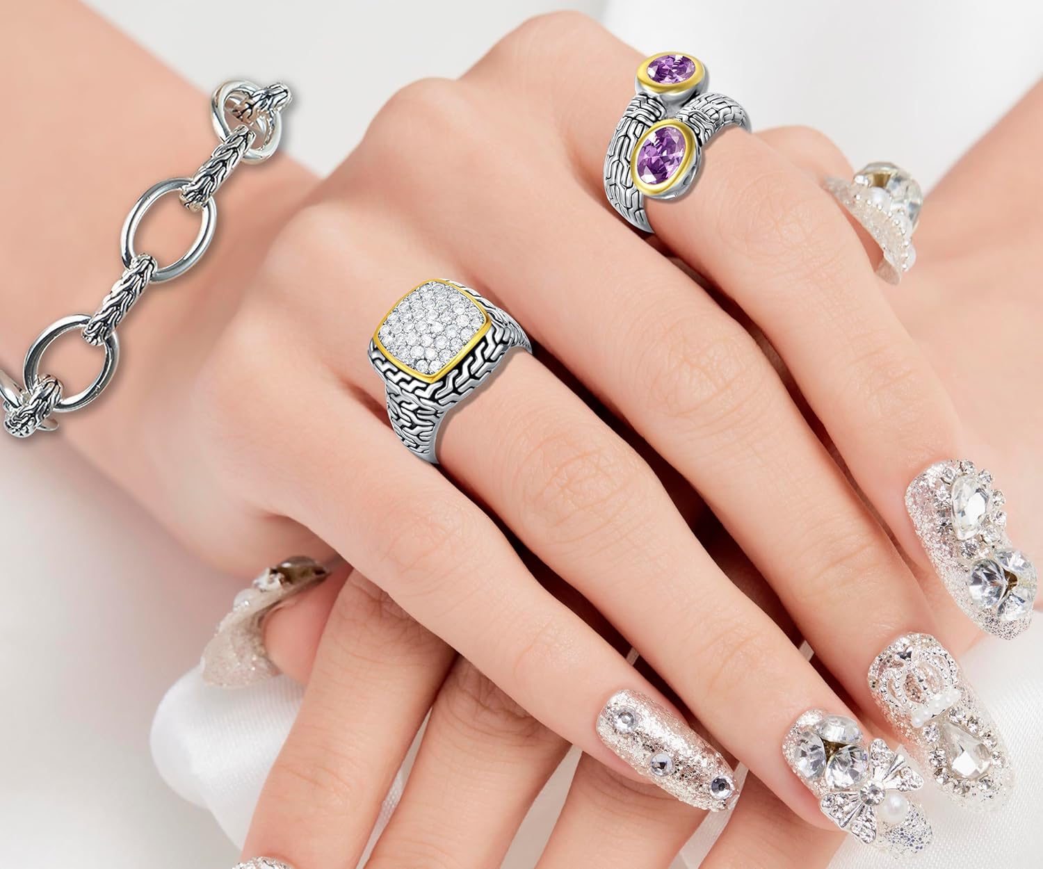 UNY JEWEL Jewelry Ring Multi Strand Foxtail Chain Woven Pattern Inlay 6 by 8 Oval CZ Vintage Antique Two Tone Elegant Designer Inspired Ring - Image 6