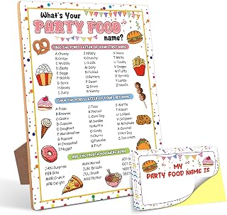 Party Food Party Decor, What is Your Party Food Name Game,30 Stickers, Perfect for Birthday Party Activities 6×8 Wooden Play Sign with Stand