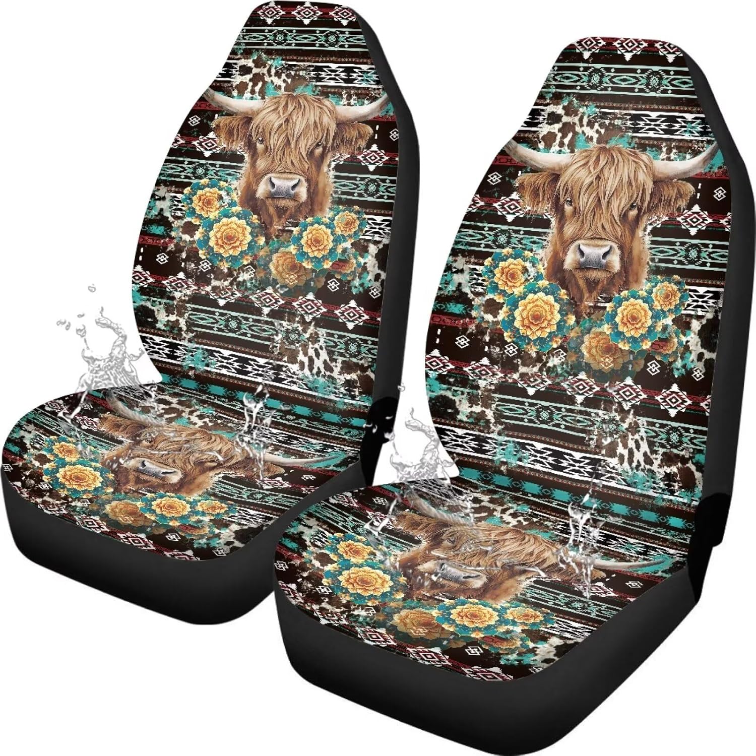 Ethnic Highland Cow Car Seat Covers Waterproof Front Seat Covers Automobile Front Seat Covers Easy to Install Car Interior Automotive Universal Fit Most Cars