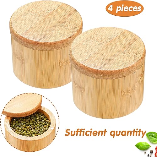 Miniatura 3 de 4 piezas de almacenamiento de sal de bambú con tapa giratoria magnética, caja de almacenamiento de sal y especias, compartimento de almacenamiento