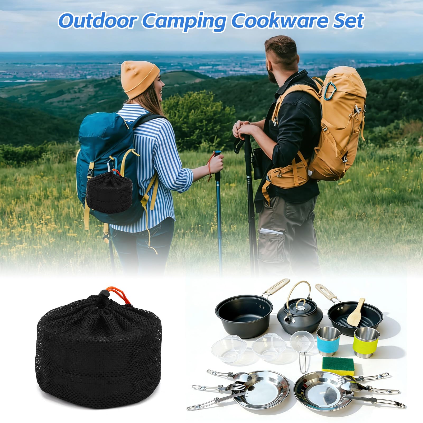 Lot de 23 ustensiles de cuisine de camping pour 2 personnes, vaisselle de pique-nique, casserole avec 2 tasses en acier inoxydable, assiettes, couverts pour randonnée, pique-nique