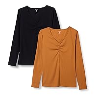 Amazon Essentials T-Shirt a Costine Slim Fit a Maniche Lunghe con Scollo a V arricciata in Vita Donna