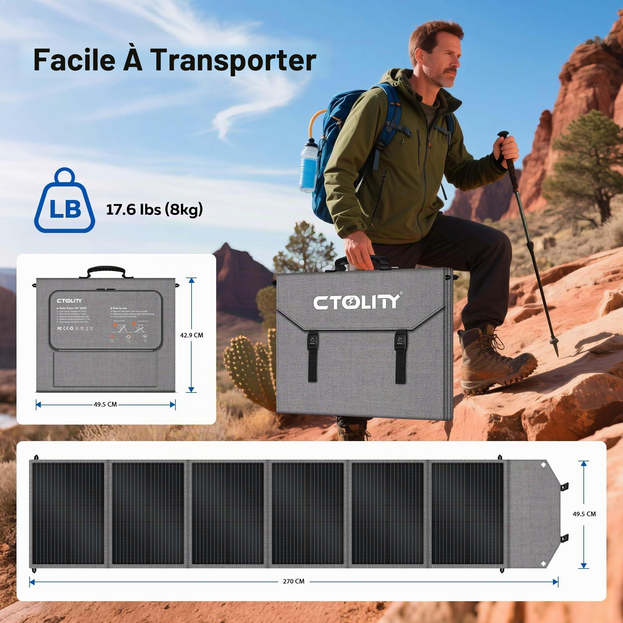 Panneau solaire portable 200 W pliable avec support, USB-C PD3.0 et USB-A QC3.0, MC4 et sortie multiple pour stations électriques, générateurs, camping-cars, camping, randonnée