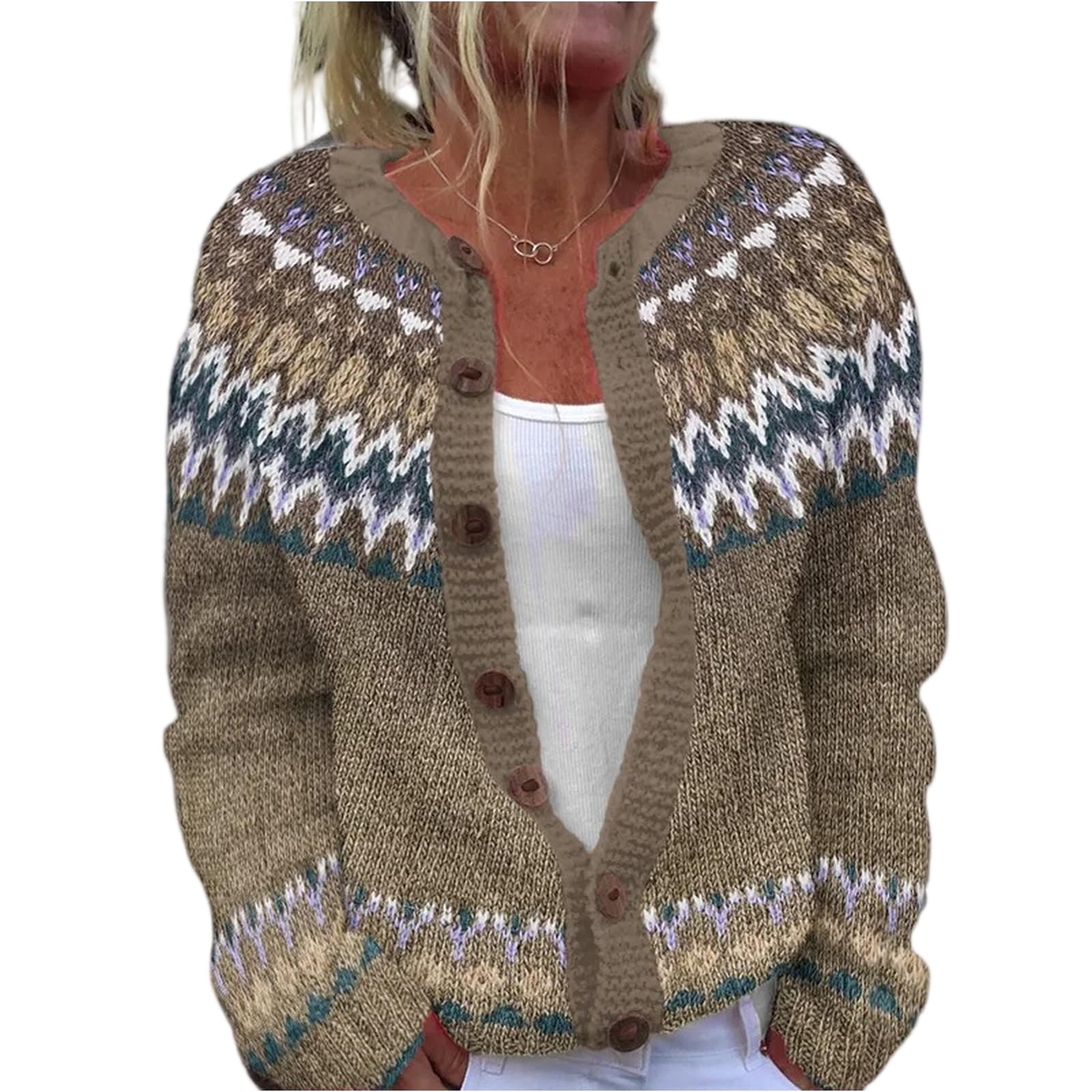 Fair Isle Cardigan Sweaters for Women Crewneck Button Up Cardigans Chunky Sweater Fall Winter Coats