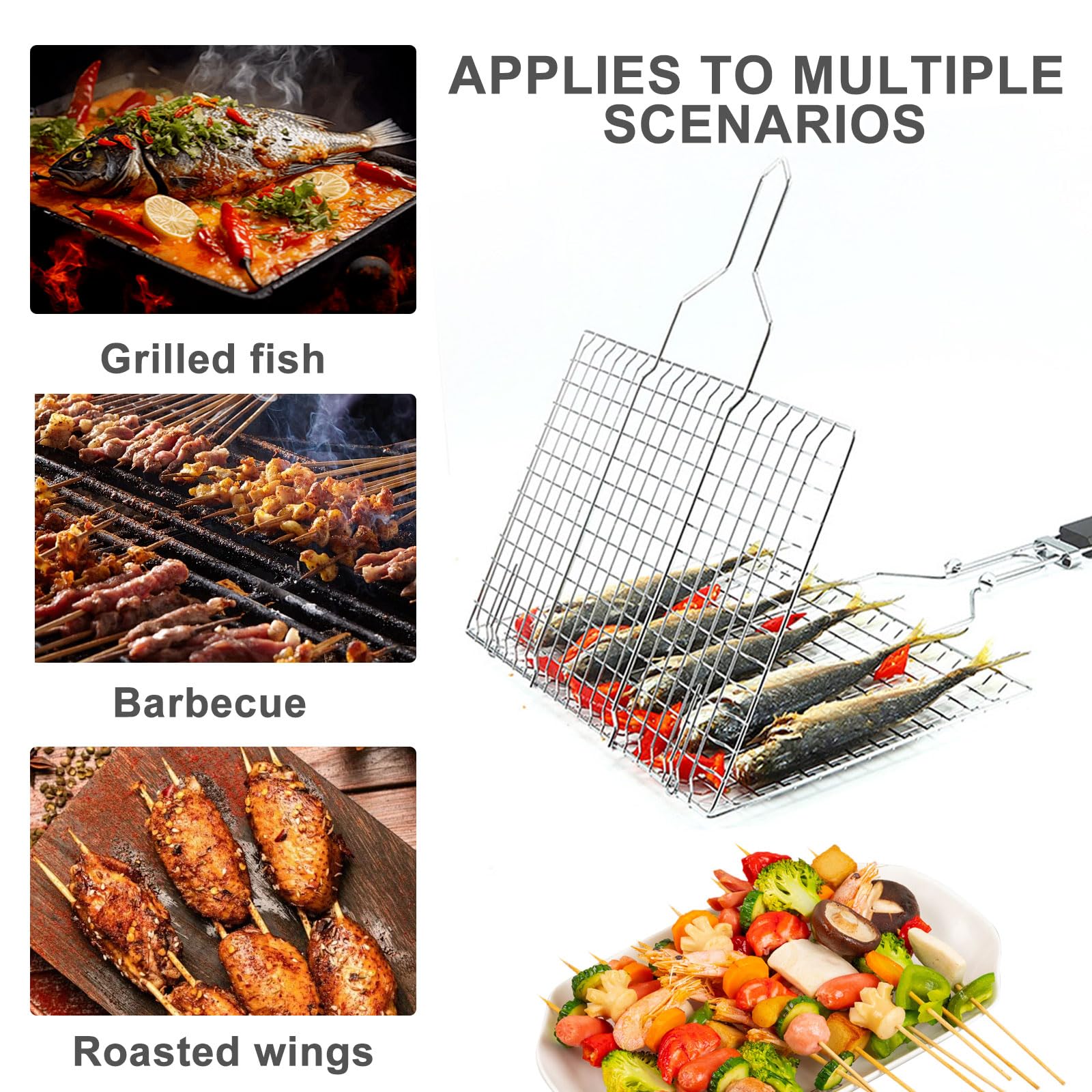 Griglia Barbecue Pieghevole In Acciaio Inox - Con Spazzola, 32x22cm, Per Carne E Verdure