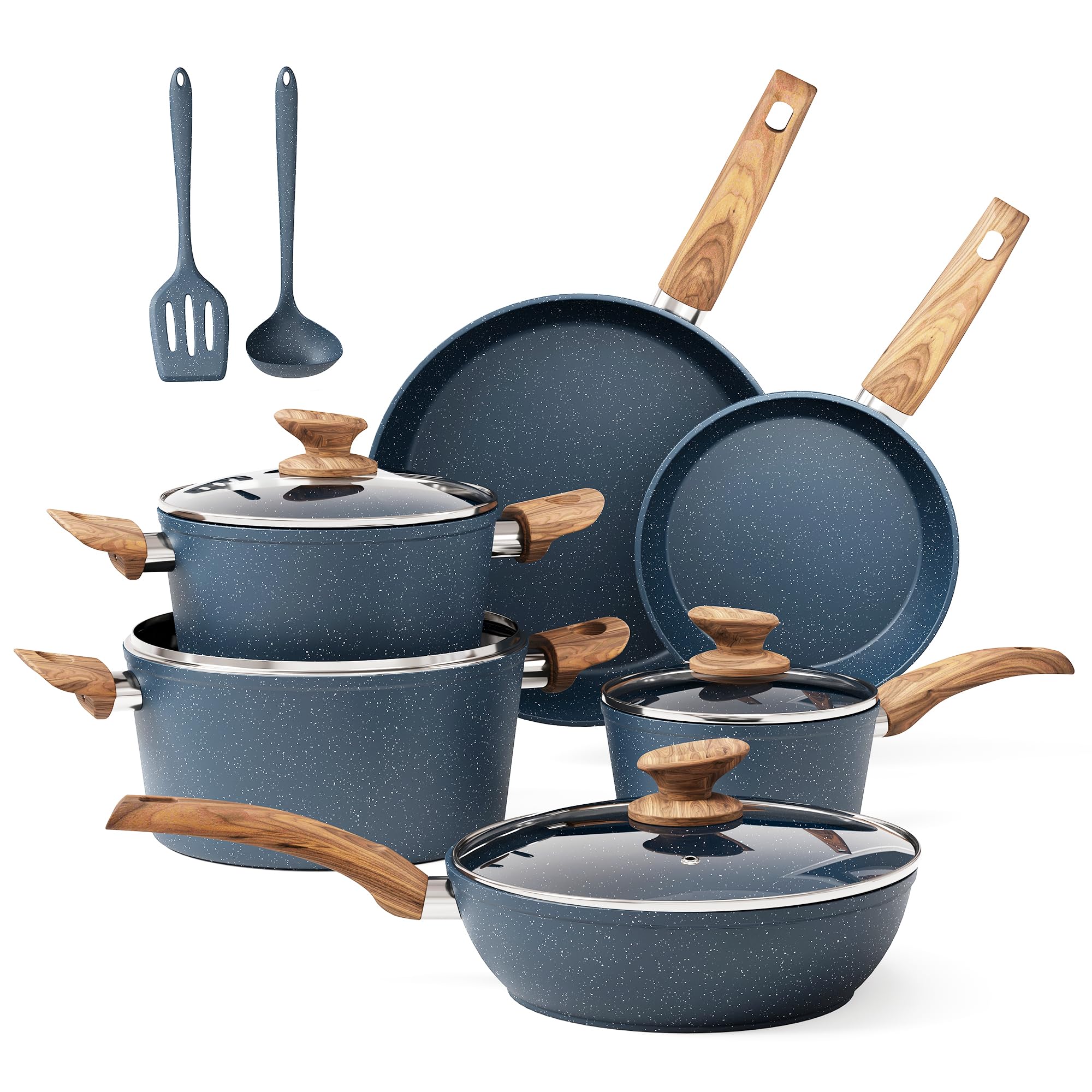 DishDelight Topfset Pfannenset Induktion Töpfe Set 12-teilige Granit-Antihaftbeschichtung Kochtopf Topf Pfannen für Induktionsherd Bratpfanne mit Glasdeckeln