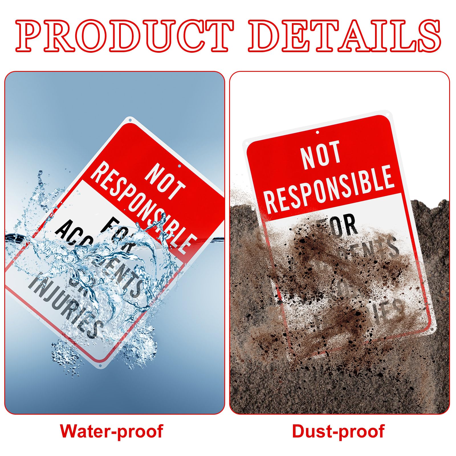 Confezione da 4 cartelli con scritta in inglese "Not Responsible for Accidents or Injuries", 30,5 x 20,3 cm, in alluminio, riflettenti, segnaletica di pericolo industriale per aree di costruzione