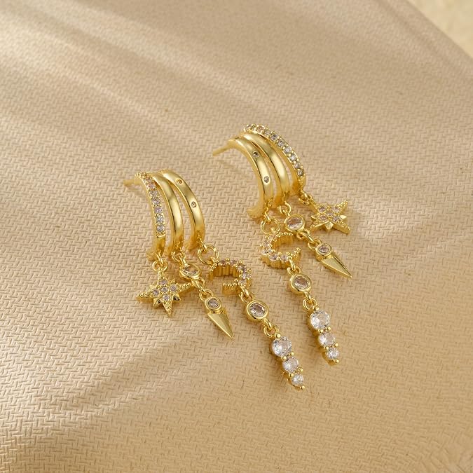 Triple Hoop Dangle Earrings for Women, Layered Drop Huggie Earrings