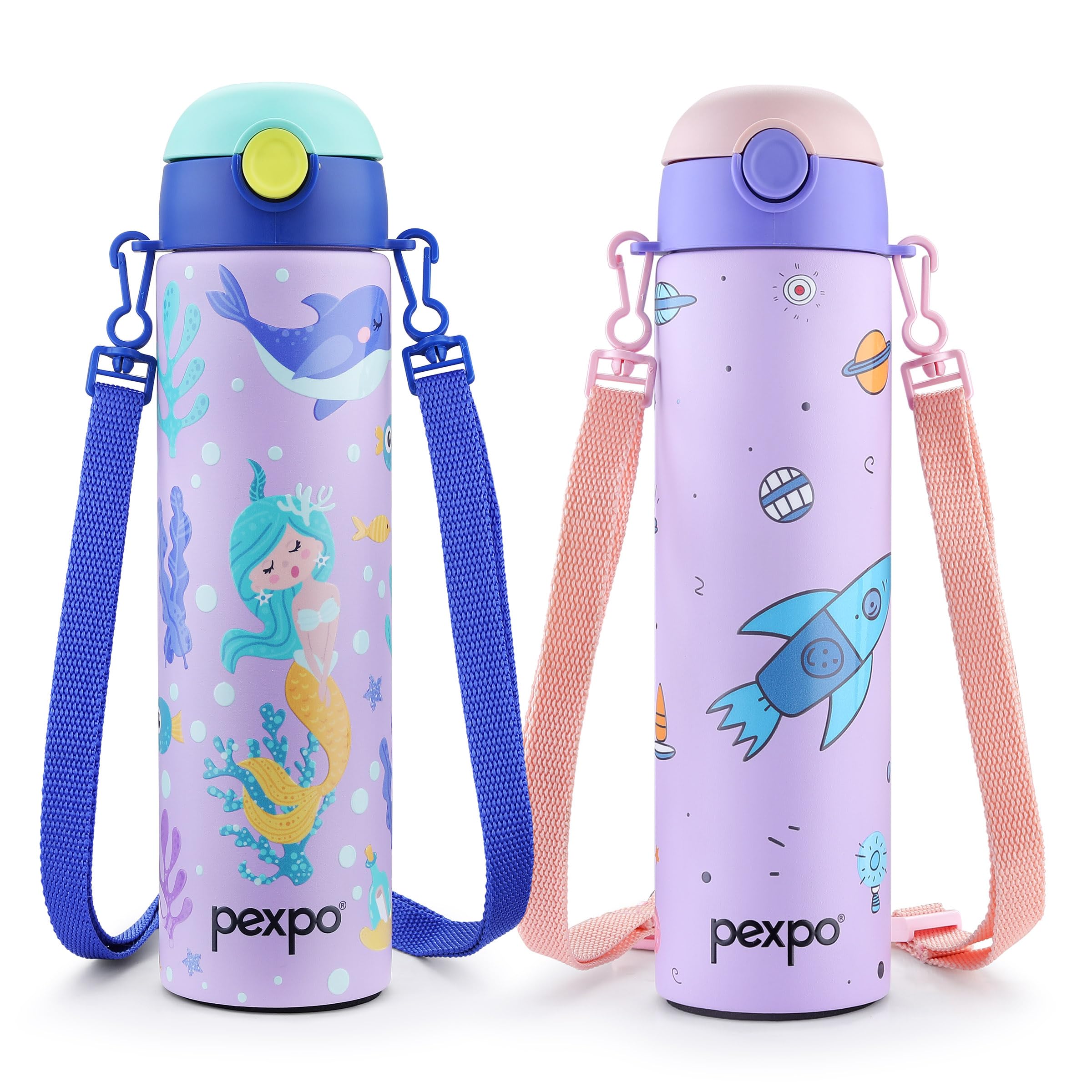 Go24 pexpo Stainless Steel Water Bottle Sporty Purple - Mermaid & Rocket 700ml