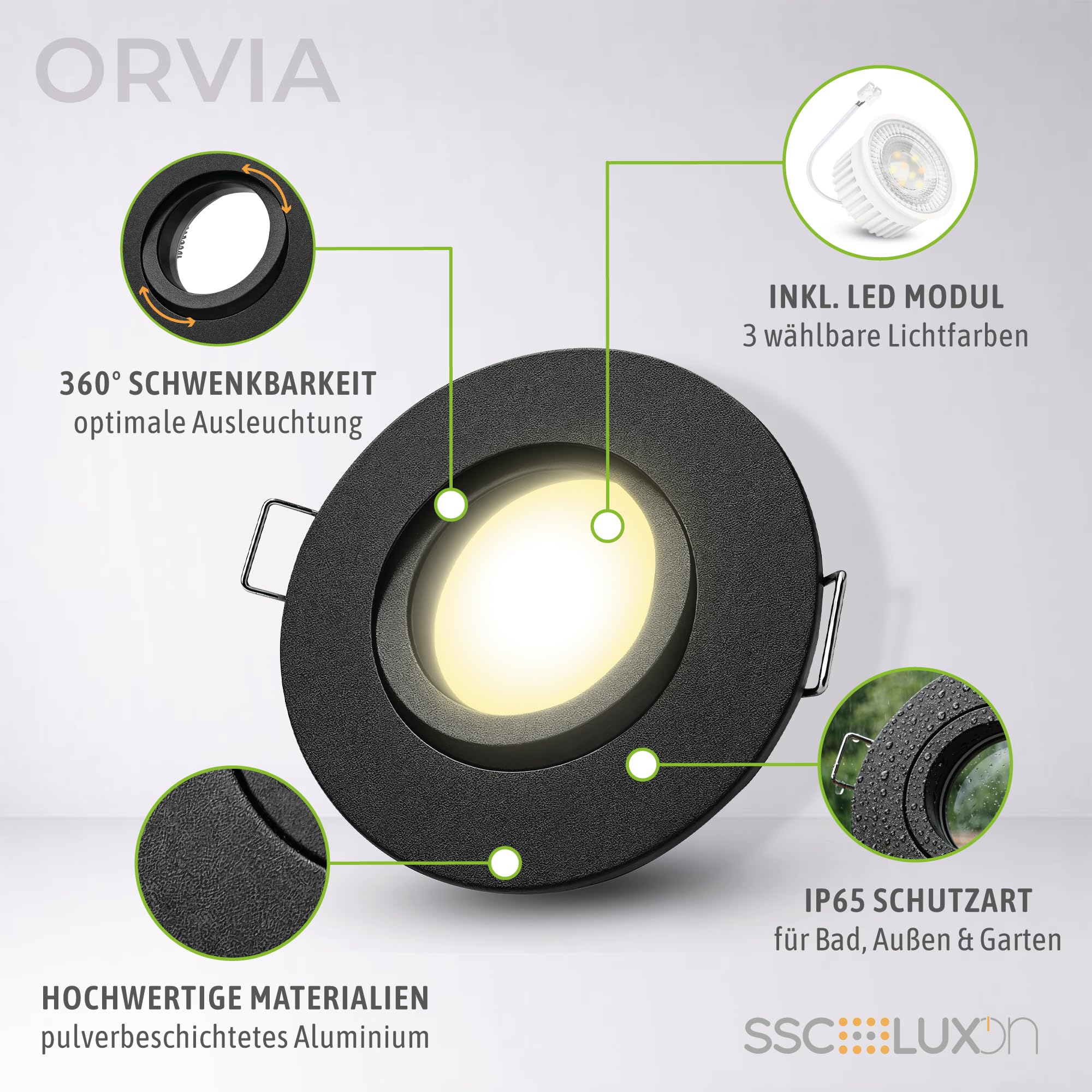SSC-LUXon ORVIA Einbauspot 10er Set schwarz schwenkbar IP65 2W warmweiß | Zehn Einbauspots IP65 schwarz - 360° schwenkbar, warmweiß, für Bad, Dusche & außen, ohne Trafo, inkl. GU10 LED