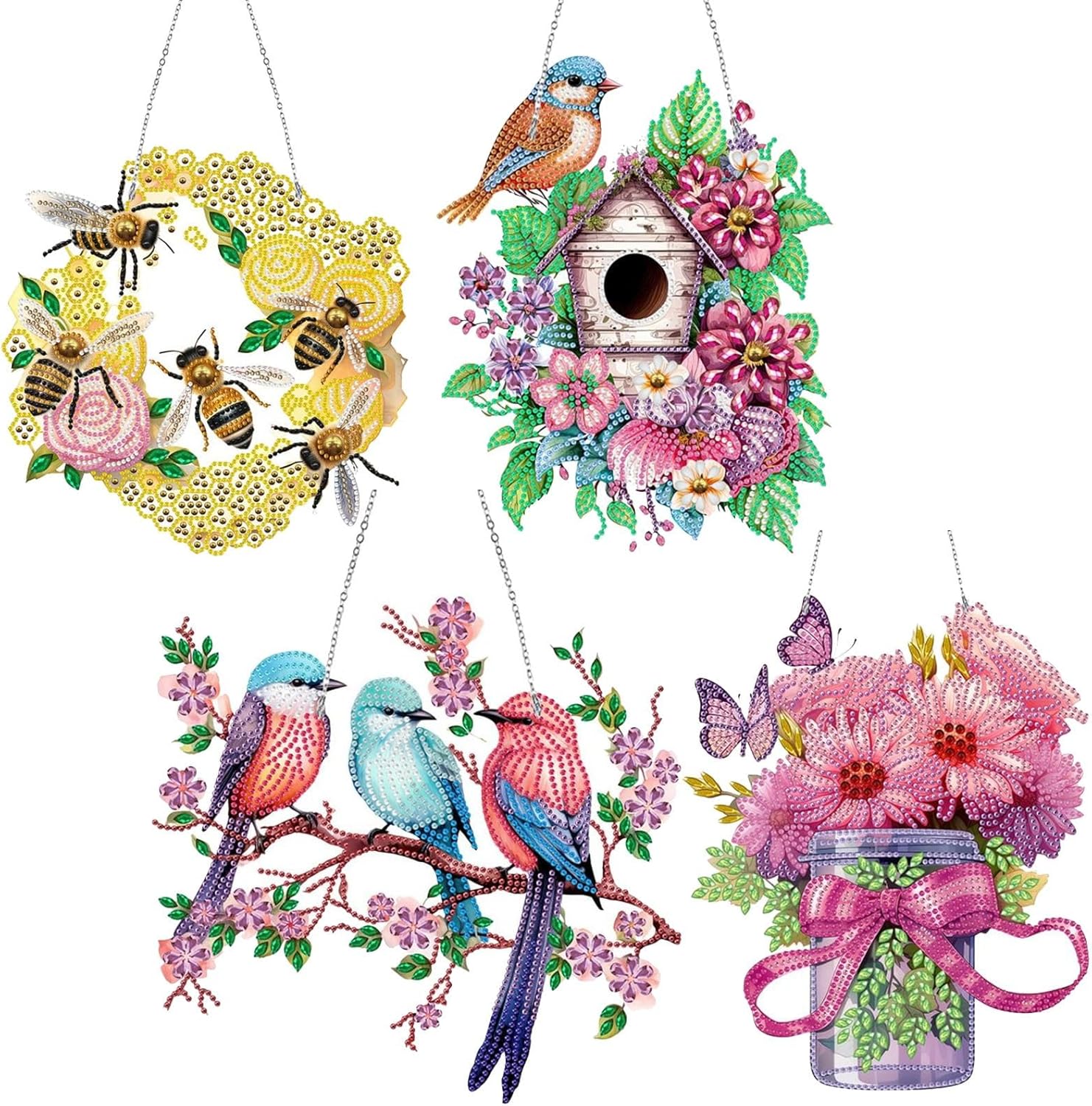 DIY Acrylic Diamond Art Painting Wreath Kits Special Shaped Rhinestone Diamond Art Window Pendants Home Garden Wall Hanging Kits Double-Sided Pattern (Single Side Point Drill) (#17-4PC)