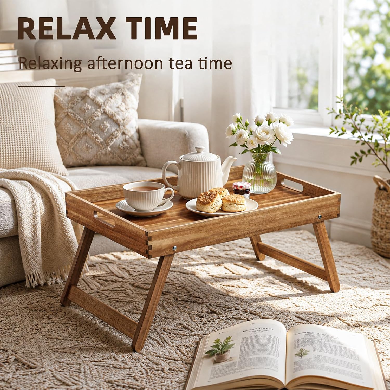 Solidith Acacia Wooden Breakfast Tray, Bed Tray with Folding Legs