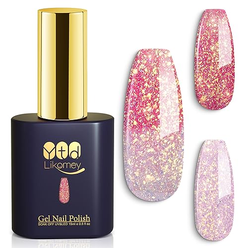 YTD Likomey Brocade - Esmalte de uñas de gel que cambia de color con purpurina, 1 unidad de 0.5 fl oz de rosa claro a rojo melocotón, brillo