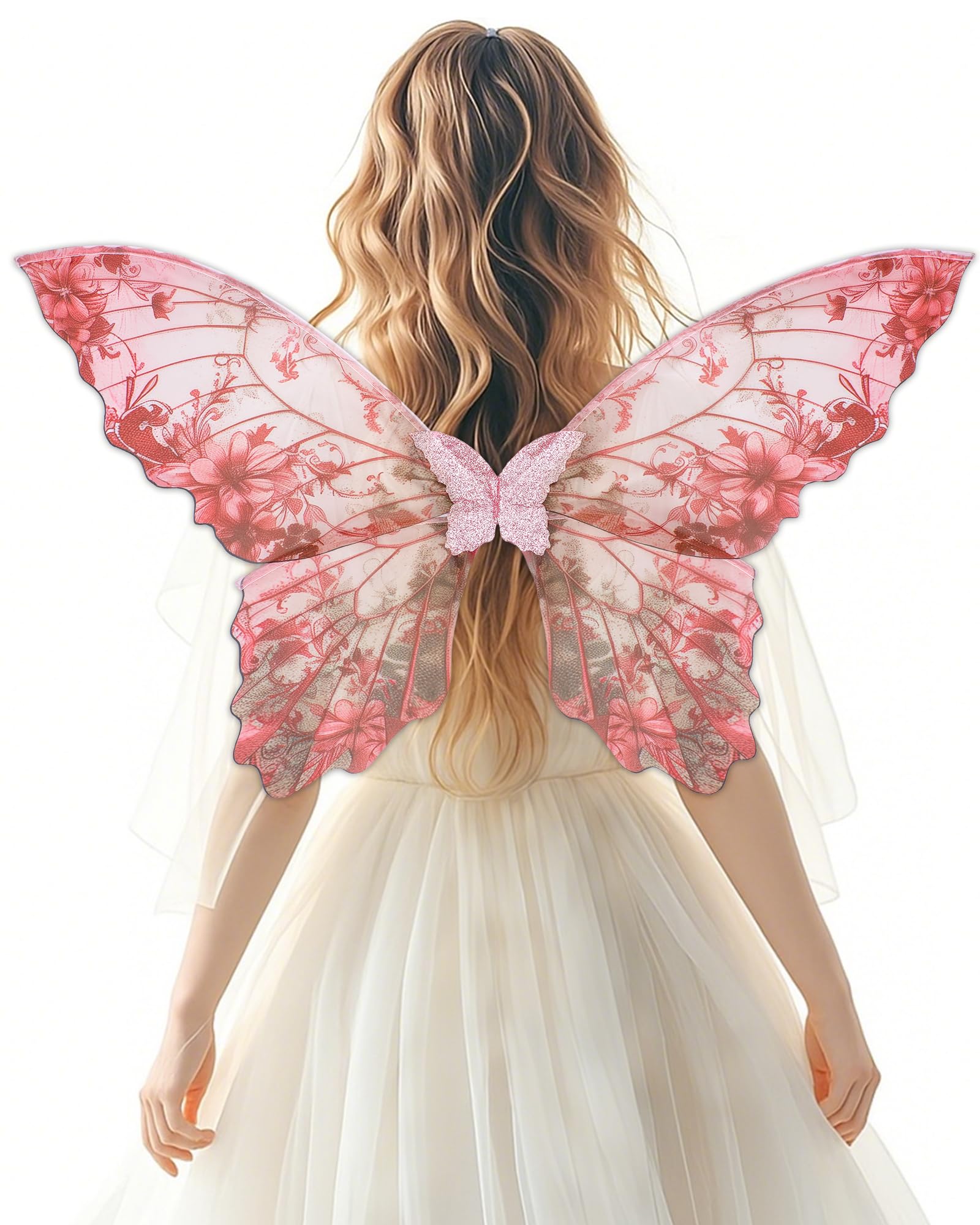 PartyforU Pink Fairy Wings Costume Adult Women Butterfly Wings Renfaire Halloween Prom Party Elf Clothing Fancy Dress โ image 1