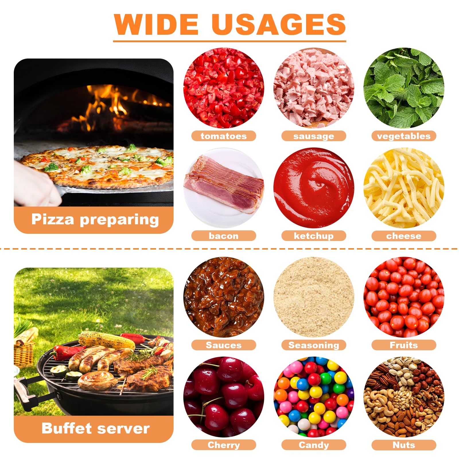 Pizza Topping Station - Contenedores de condimentos de acero inoxidable de 6 x 2 L con tapas y cucharones, 6 bandejas de compartimentos para preparar ingredientes y coberturas, accesorios 7