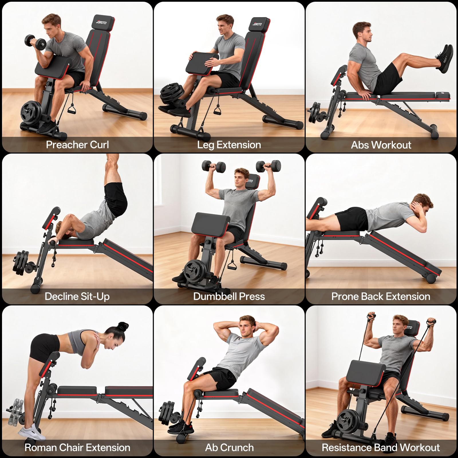 Adjustable Weight Bench for Home Gym, 1000 LBS Capacity, Foldable Incline Decline Flat Workout Bench with Leg Extension & Back Extension, Exercise Preacher Curl Bench for Full Body Training