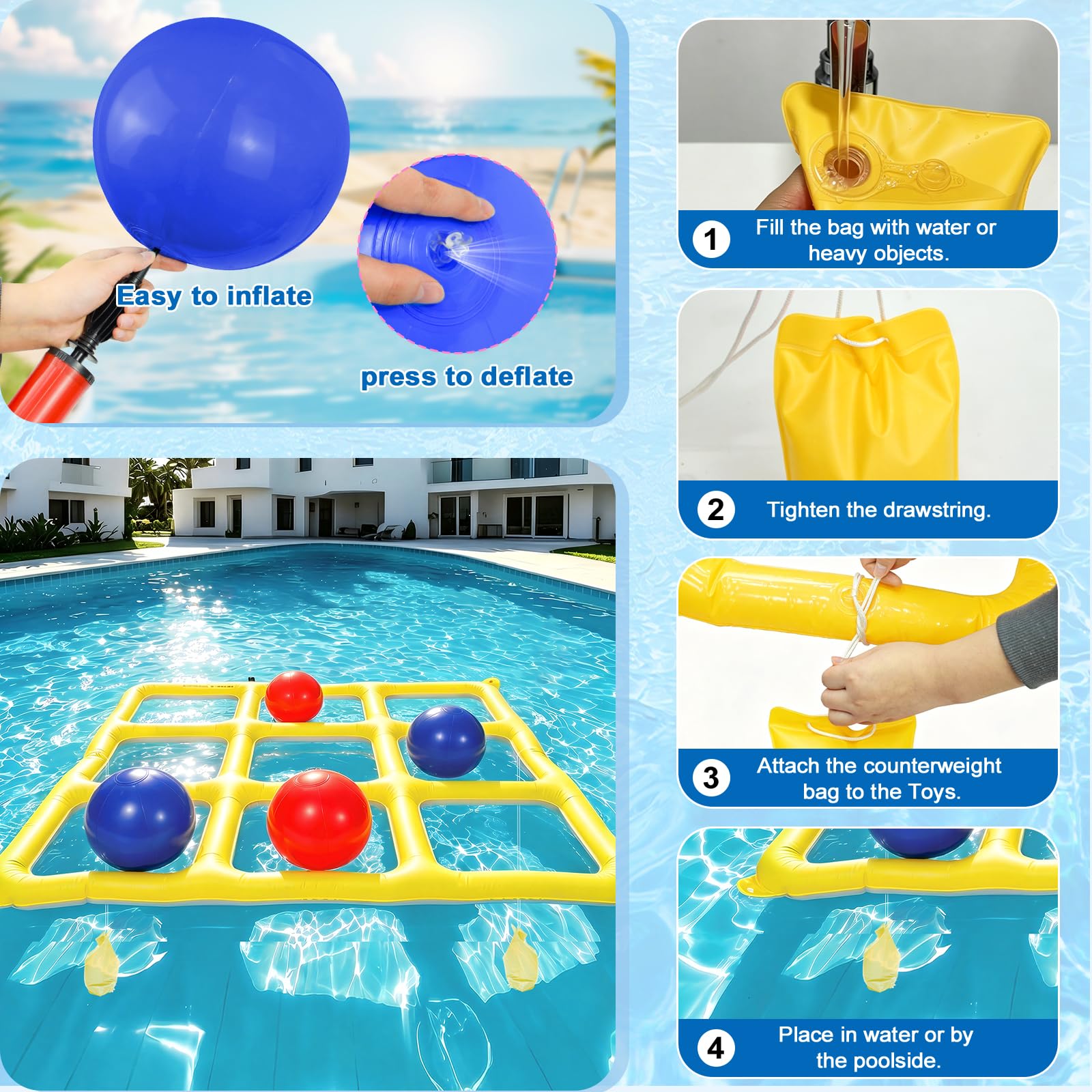 Aufblasbares Tic-Tac-Toe Poolspiel, Outdoor Spiele für Kinder & Erwachsene, Strandspiele & Wurfspiel Kinder Outdoor, Wasserspiele Pool für Kinder und Erwachsene, Aufblasbare Pool Spielzeug(Gelb)