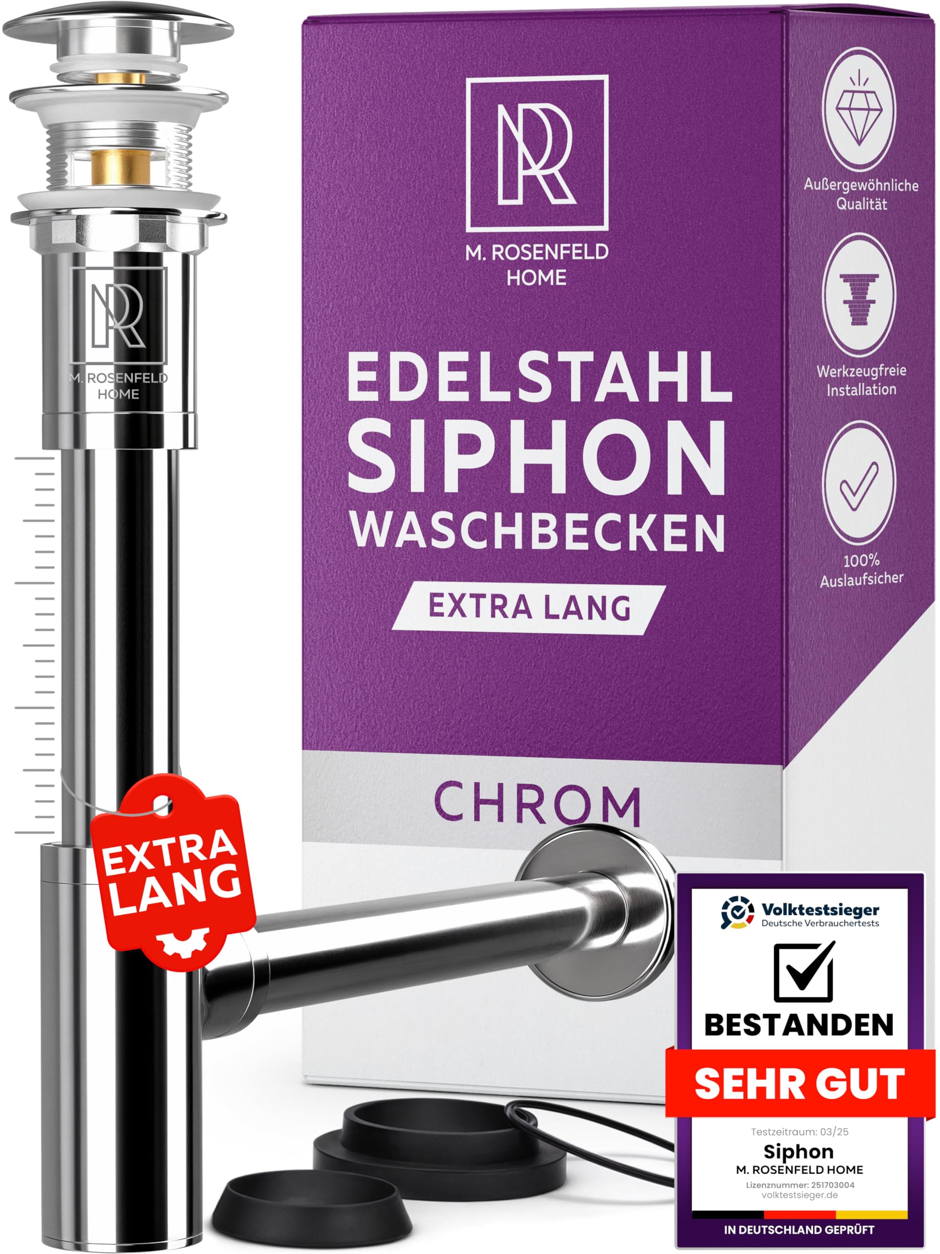 M. ROSENFELD HOME Siphon de design pour lavabo avec ensemble de vidange avec trop-plein extra long - avec valve de vidange pop-up siphon tubulaire anti-odeurs avec joints d'étanchéité inclus