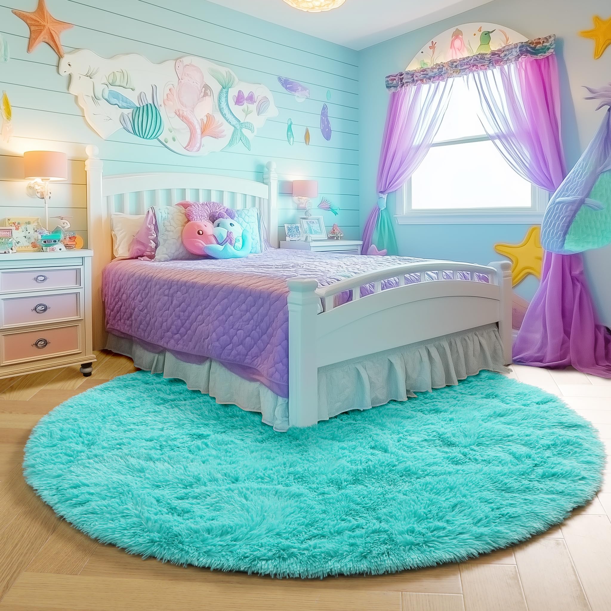 PAGISOFE Blue Round Rug for Boys Bedroom, 4'X4',Circle Rug for Girls Room,Fluffy Carpets Shaggy Rugs for Small Kids Teepee, Fuzzy Mat Soft Reading