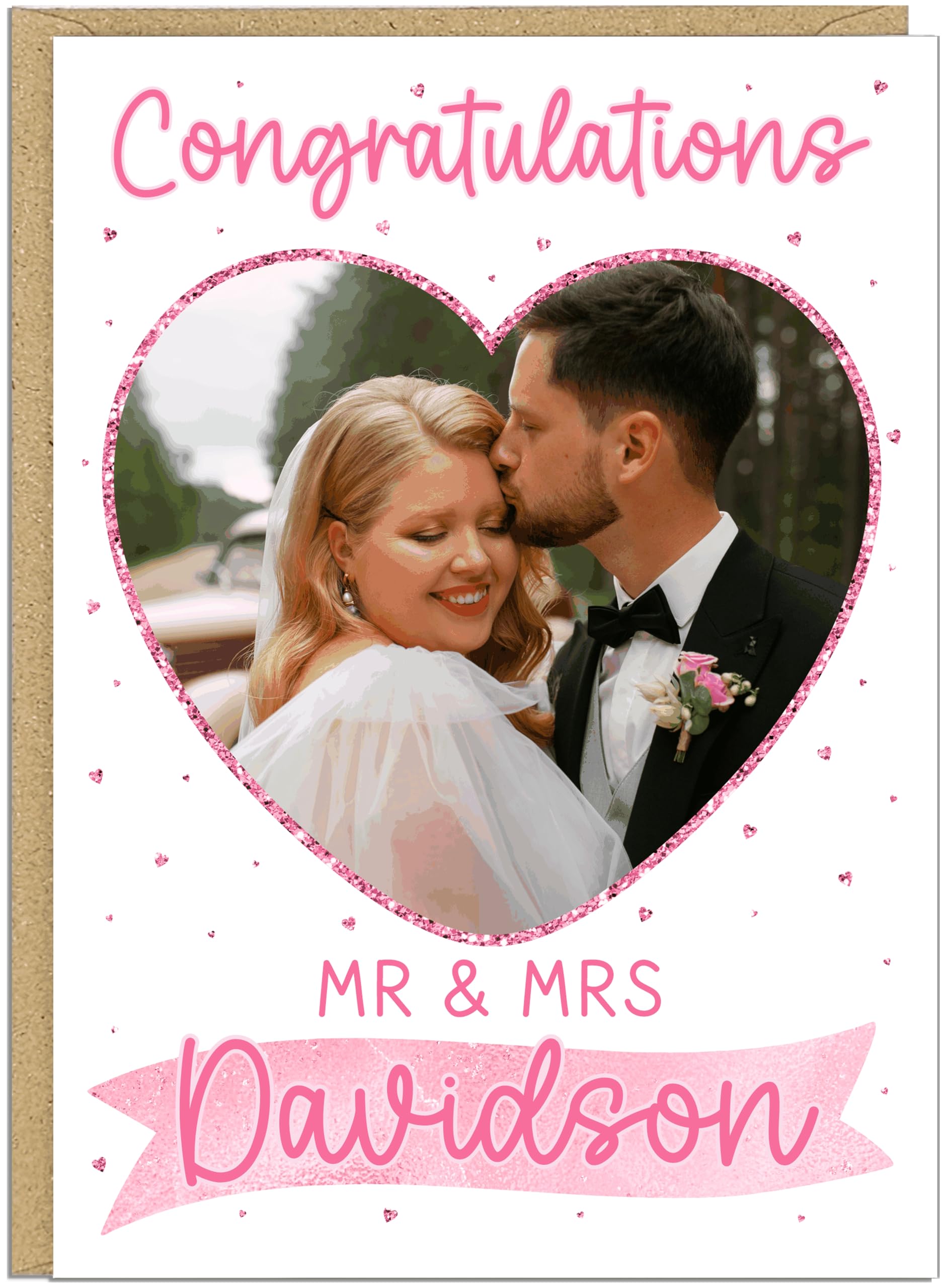 Personalised Wedding Congratulations Cards with Photo and Name | Custom Mr & Mrs Card | 11 Colour Theme Options | Heart Photo Wedding Couples Anniversary Card, Pink