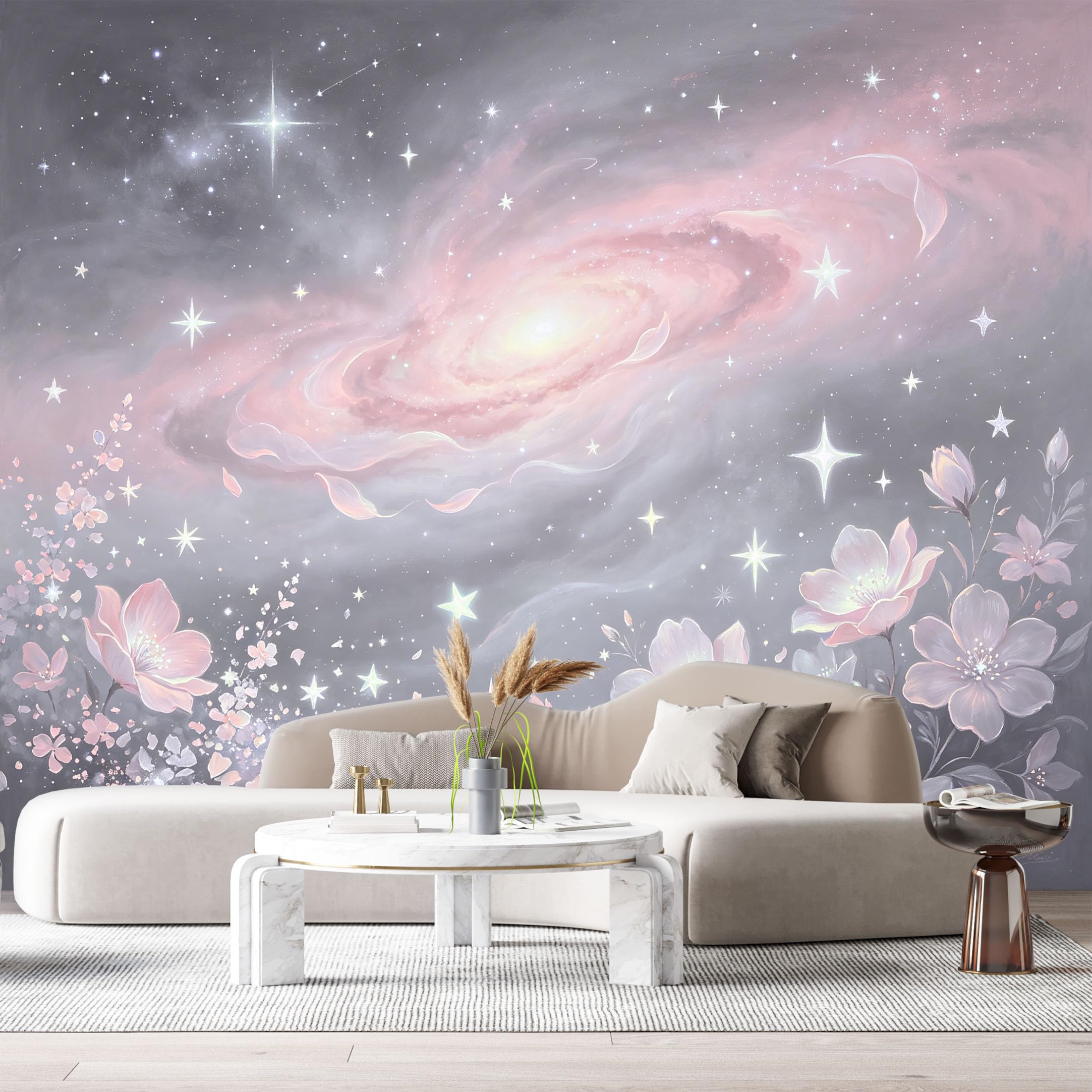 Custom Size Wall Murals Pink Galaxy Botanical Watercolor Flowers Stars Night Sky SelfAdhesiveWall Fabric Removable Wallpaper Wall Decor for Living Room Bedroom Bathroom