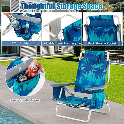 Miniatura 7 de GYMAX Sillas de playa, silla de camping con reposabrazos, bolsa refrigeradora, soporte para tazas, barra de toalla y bolsillos laterales, silla de