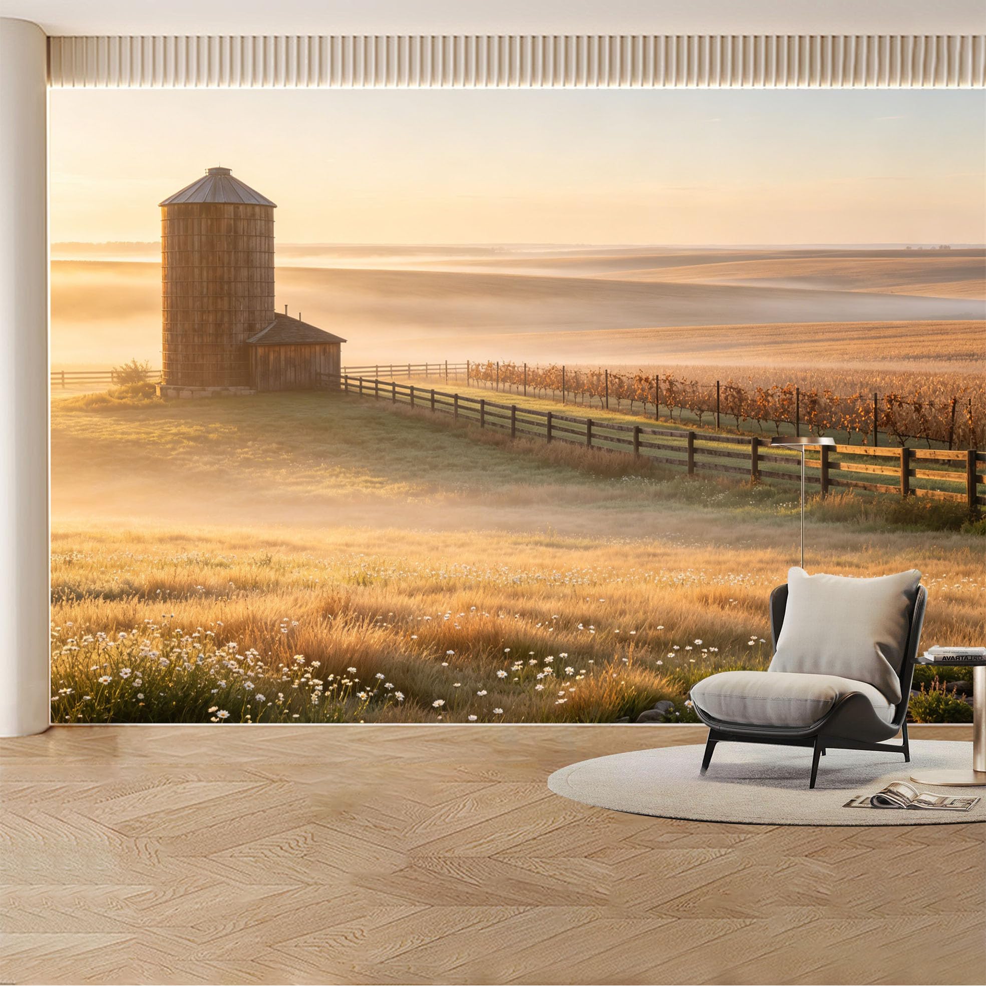 Custom Wall Mural Wallpaper Farm Silo Landscape， Nature， 3D Effect， Wall Decor， Misty， Sunset Removable SelfAdhesive Large Photo for Living Room， Bedroom， Office