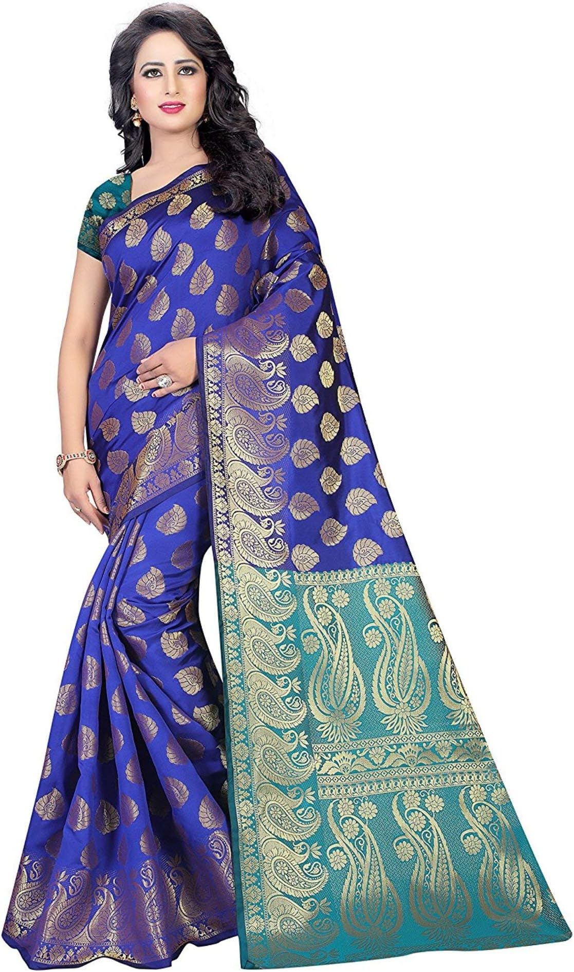 Indian Fashionista Women's Banarasi Silk Gold Jacquard Woven Design Saree With Unstitched Blouse Piece (Free Size)