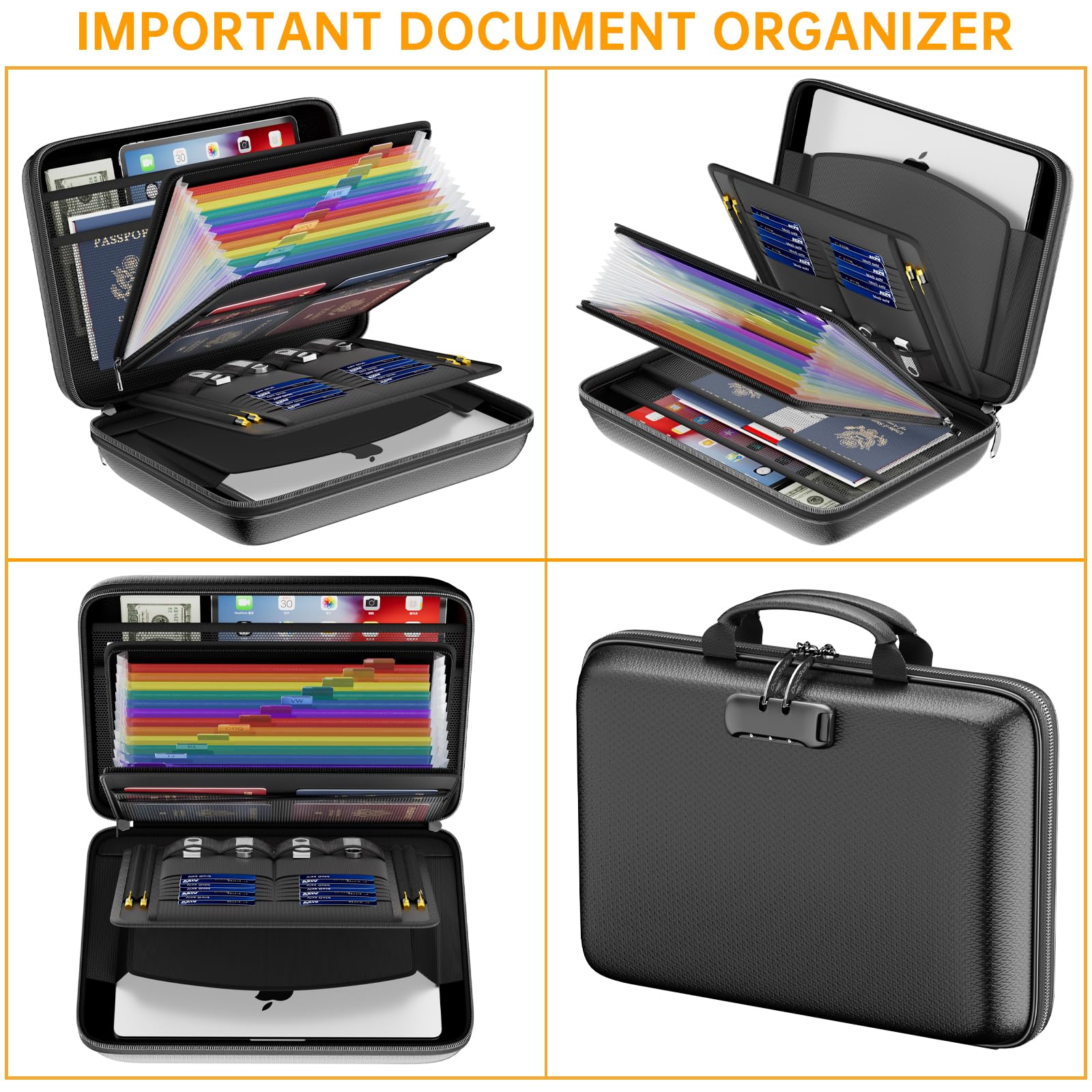 DocSafe Organizer per documenti ignifugo con serratura, custodia rigida ignifuga, con 13 tasche a fisarmonica, portatile, per casa, ufficio, viaggi, per documenti importanti, laptop, nero