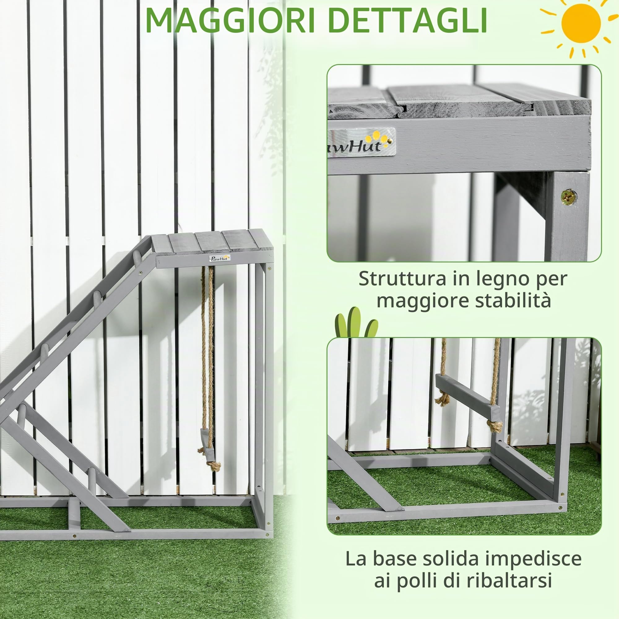 PawHut Posatoio in legno per galline, area giochi in legno per galline con altalena, scala, piattaforma, zona naturale per, 96 x 40 x 71 cm, grigio