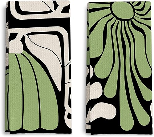 Miniatura 7 de Juego de 2 toallas de cocina florales abstractas bohemias rosas y beige, toallas de mano florales groovy retro de los años 70 para decoración de