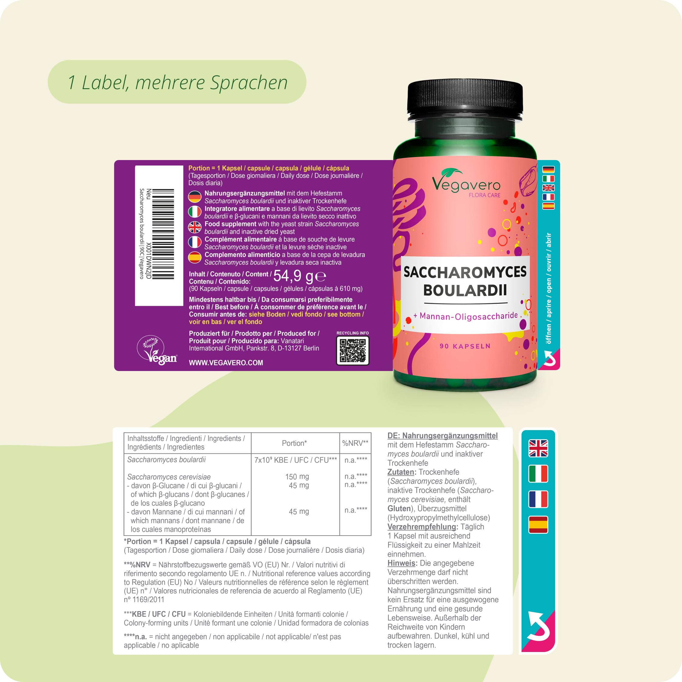 Saccharomyces boulardii Vegavero | Hochdosiert: 350 mg pro Einheit - 7 Mrd. aktive Hefekulturen | Mit Beta Glucanen und MOS aus Bierhefe | Vegan & Ohne Zusätze | Deutsche Produktion | 90 Kapseln