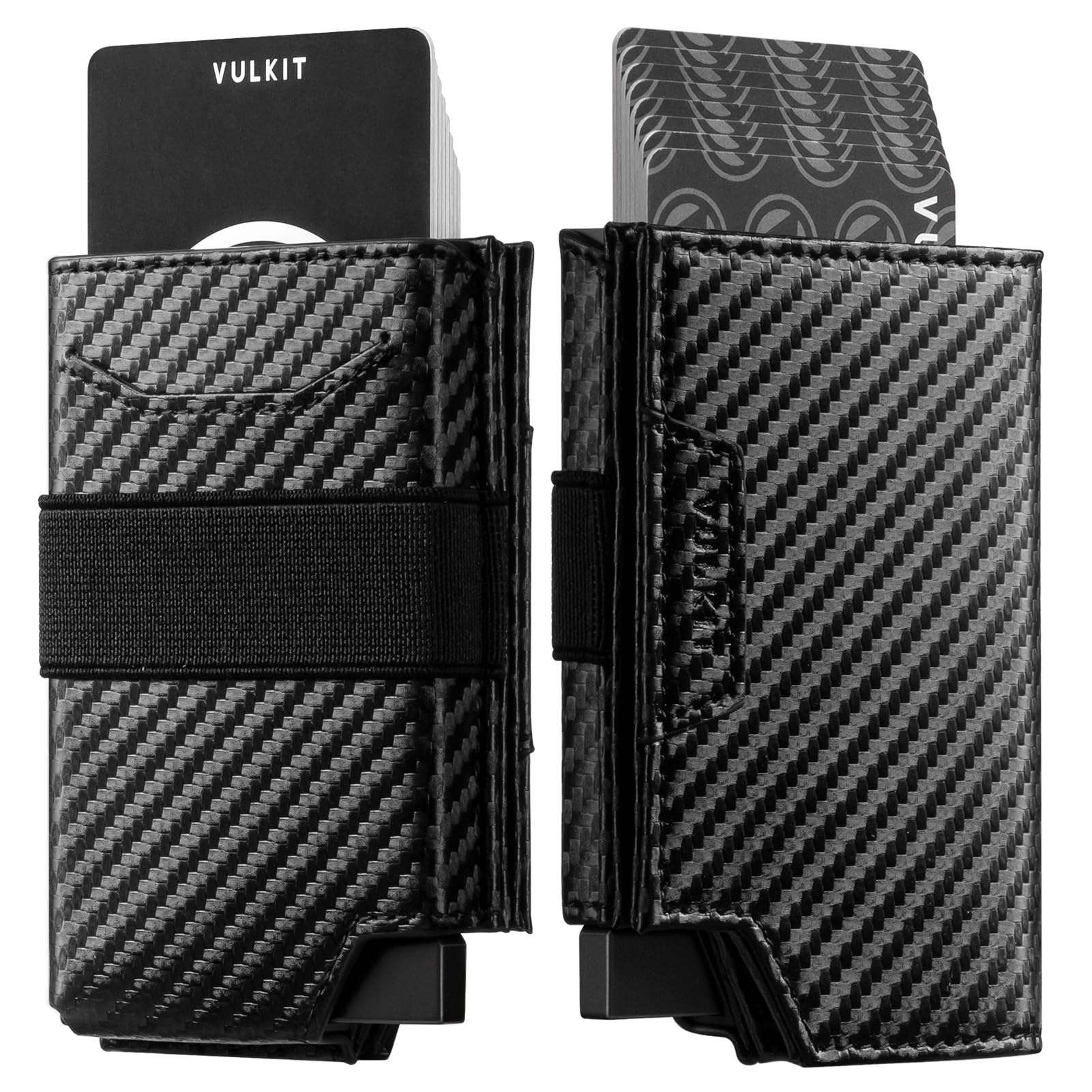 VULKIT Card Holder With Money Band, Minimalist Wallet For Men Pop Up Card Wallet RFID Blocking, Holds 11 Cards and Cash Carbon Fiber Black