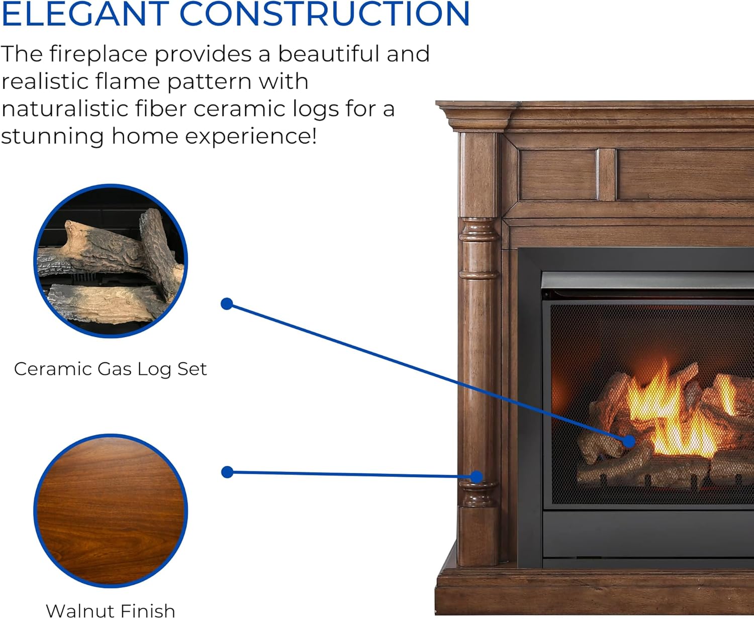 Close-up of ceramic gas logs and walnut finish of the mantel