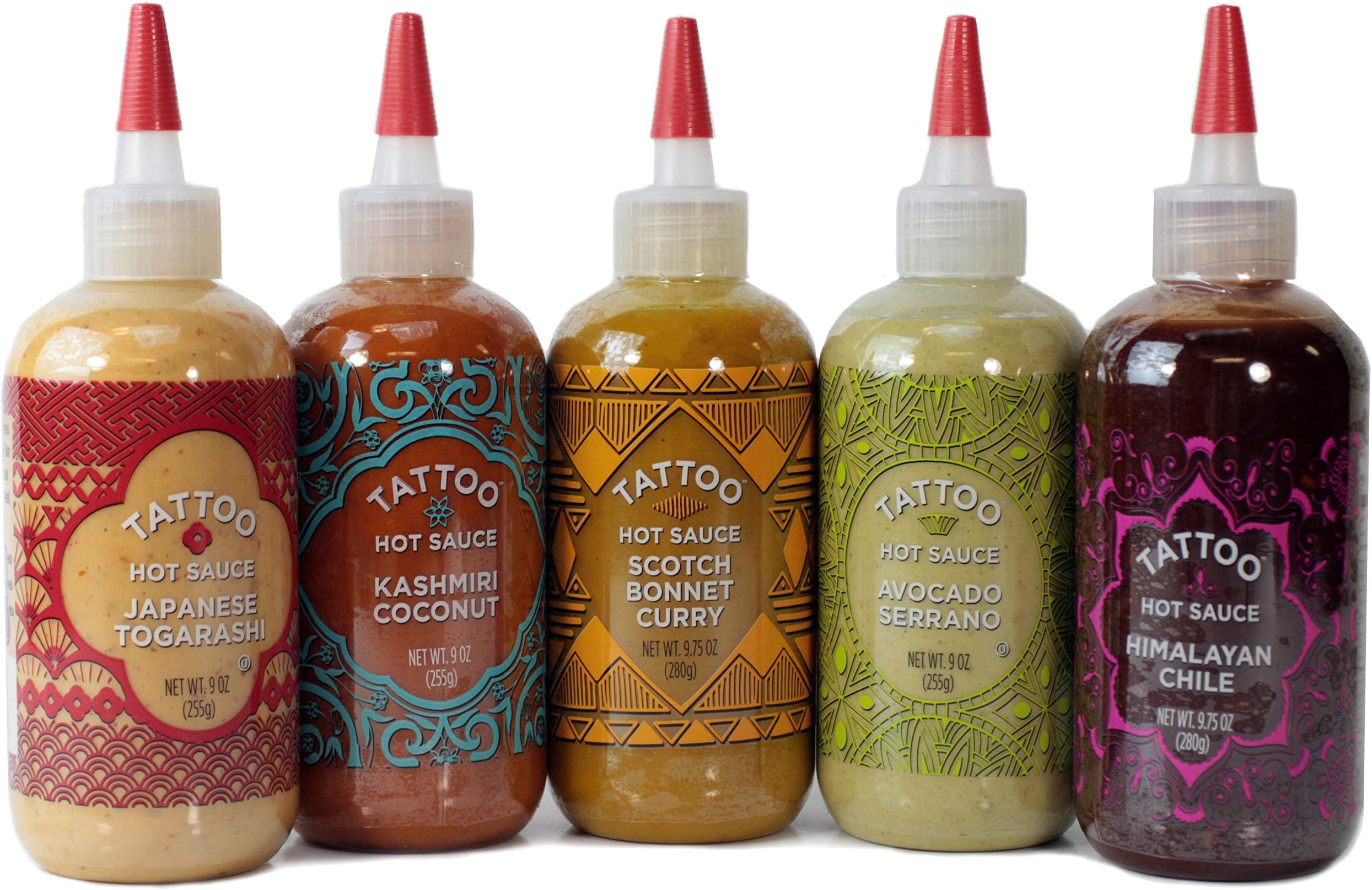 Tattoo Hot Sauces, Variety Pack of 5 Globally-Inspired and Passionately Crafted Sauces (Gift Set Sampler of 5 Flavors)