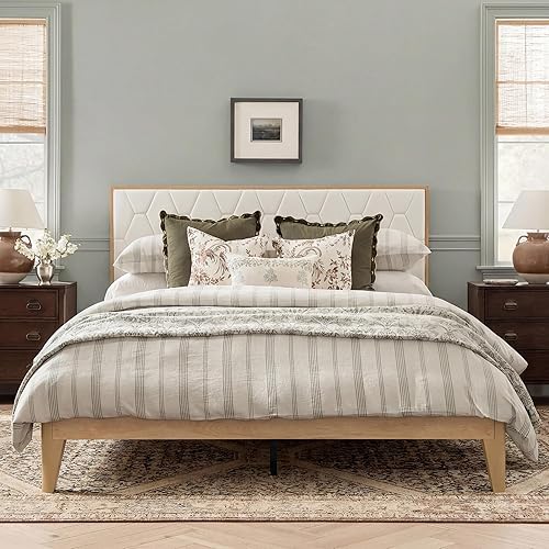 Brafab Base de cama tamaño Queen, marco de cama de madera con cabecera de terciopelo copetudo de diamante, cama de plataforma de madera con cabecera