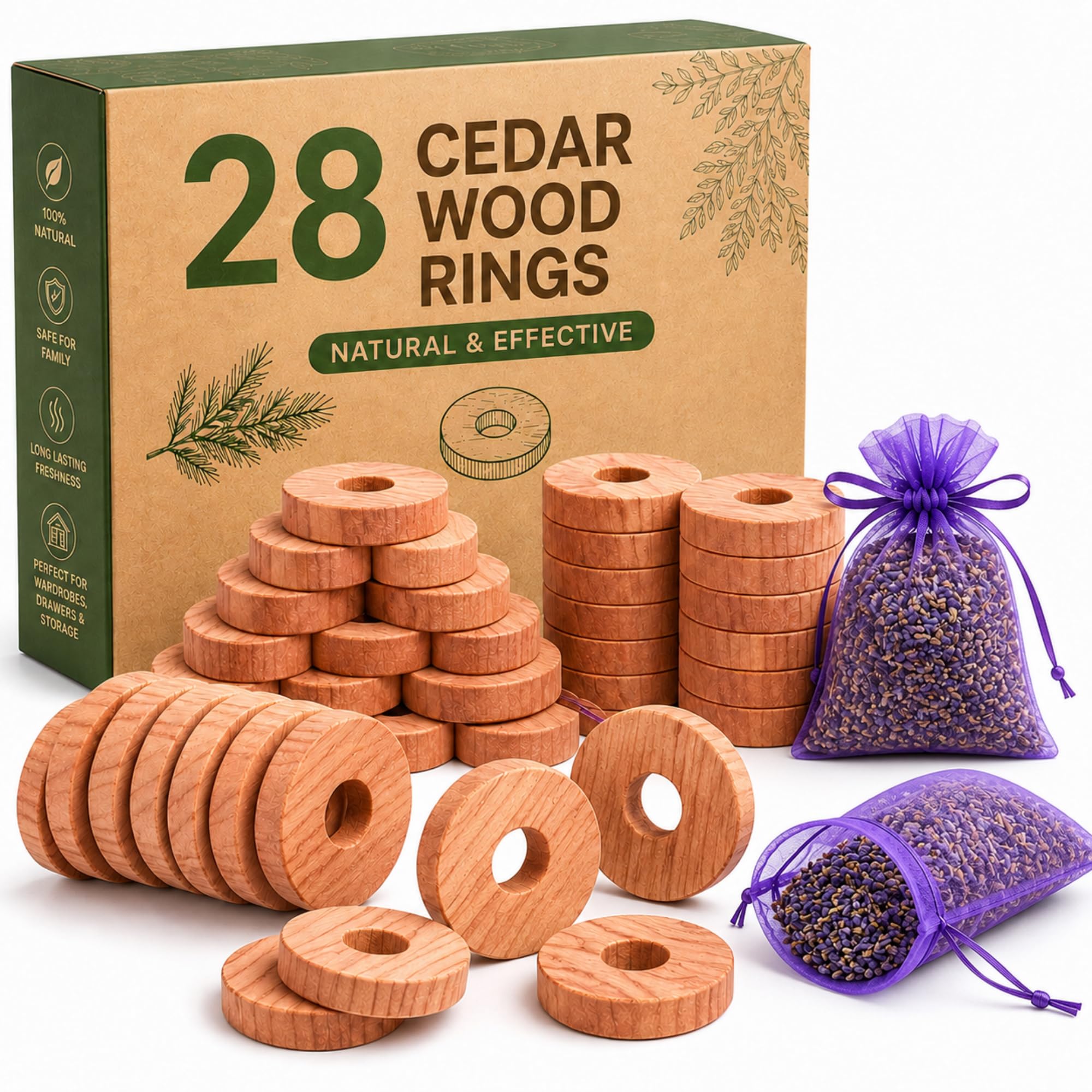Cedar Wood Rings 28 & 2 Lavendar Sachets Moth Repellent for Wardrobes