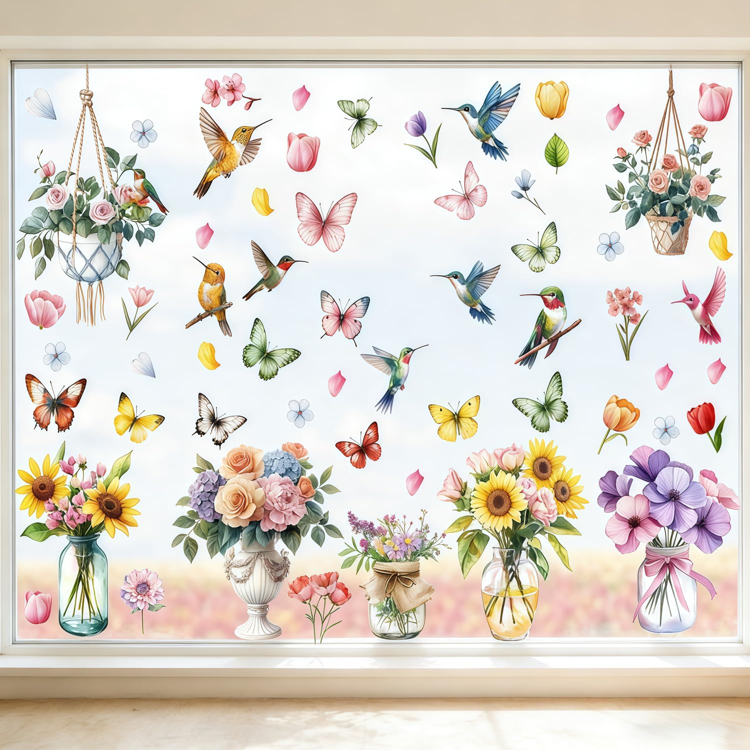 9 Blätter Selbstklebende Fensterbilder Frühling, Wiederverwendbare Fenstersticker mit Blumen & Schmetterlingen Motiv (E)