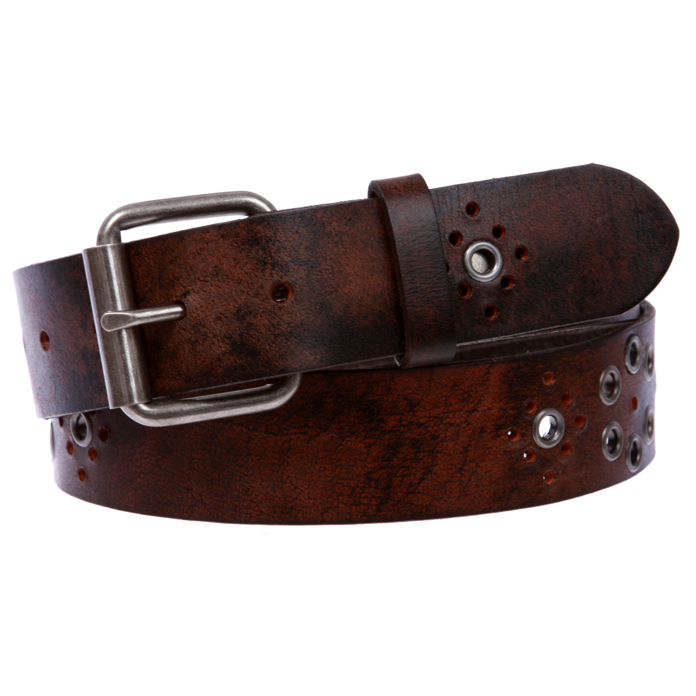 Snap On Oil Tanned Rustic Full Grain Leather Belt With Grommets Detailing, Black/Brown | 38