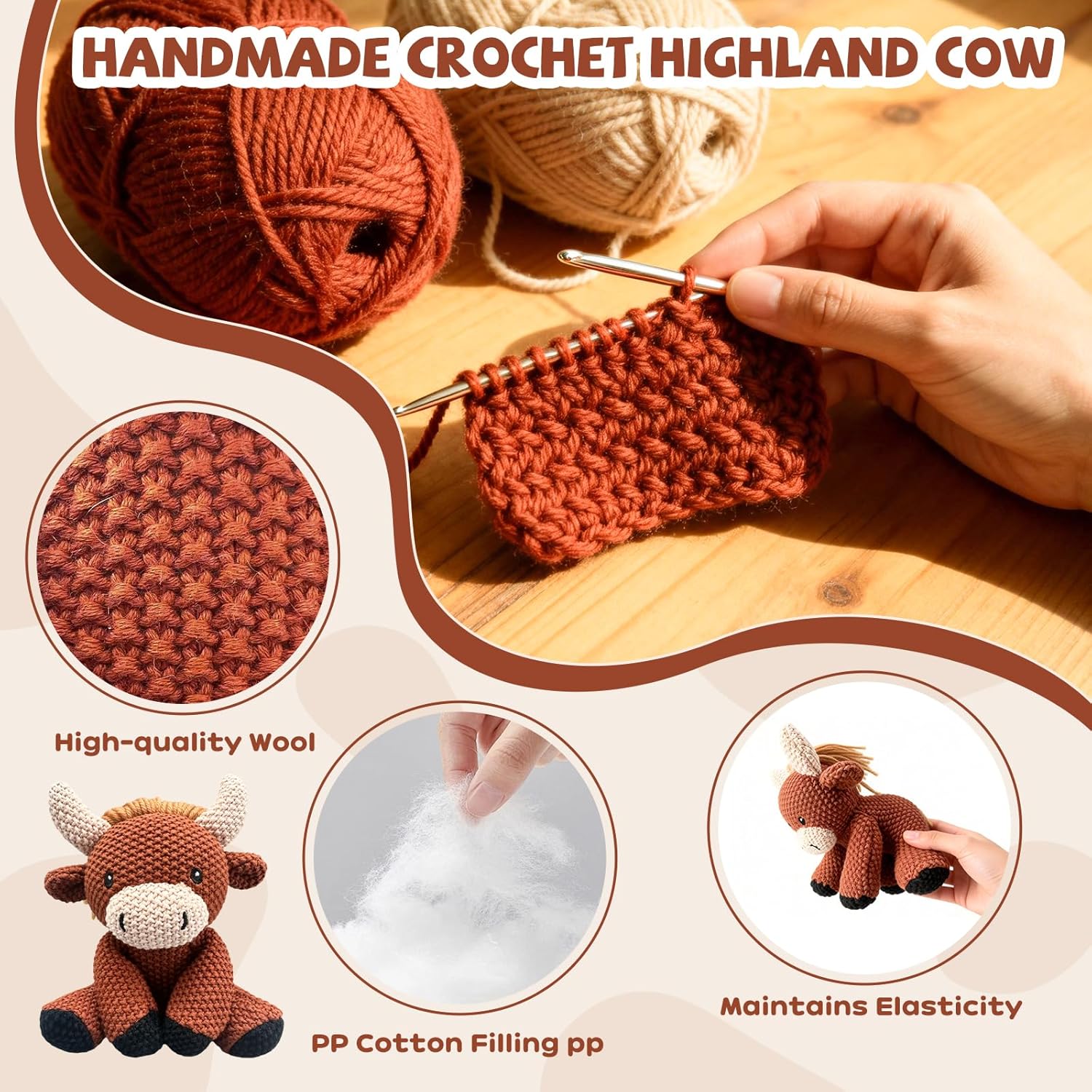 Highland Cow Stuffed Animal 11Inch Hand Knit Highland Cow Plush Toy Handemade Crochet Animals Soft Cotton Stuffed Animal Stuffy Plushie Knitted Animals Cute Baby Doll Birthday Gifts