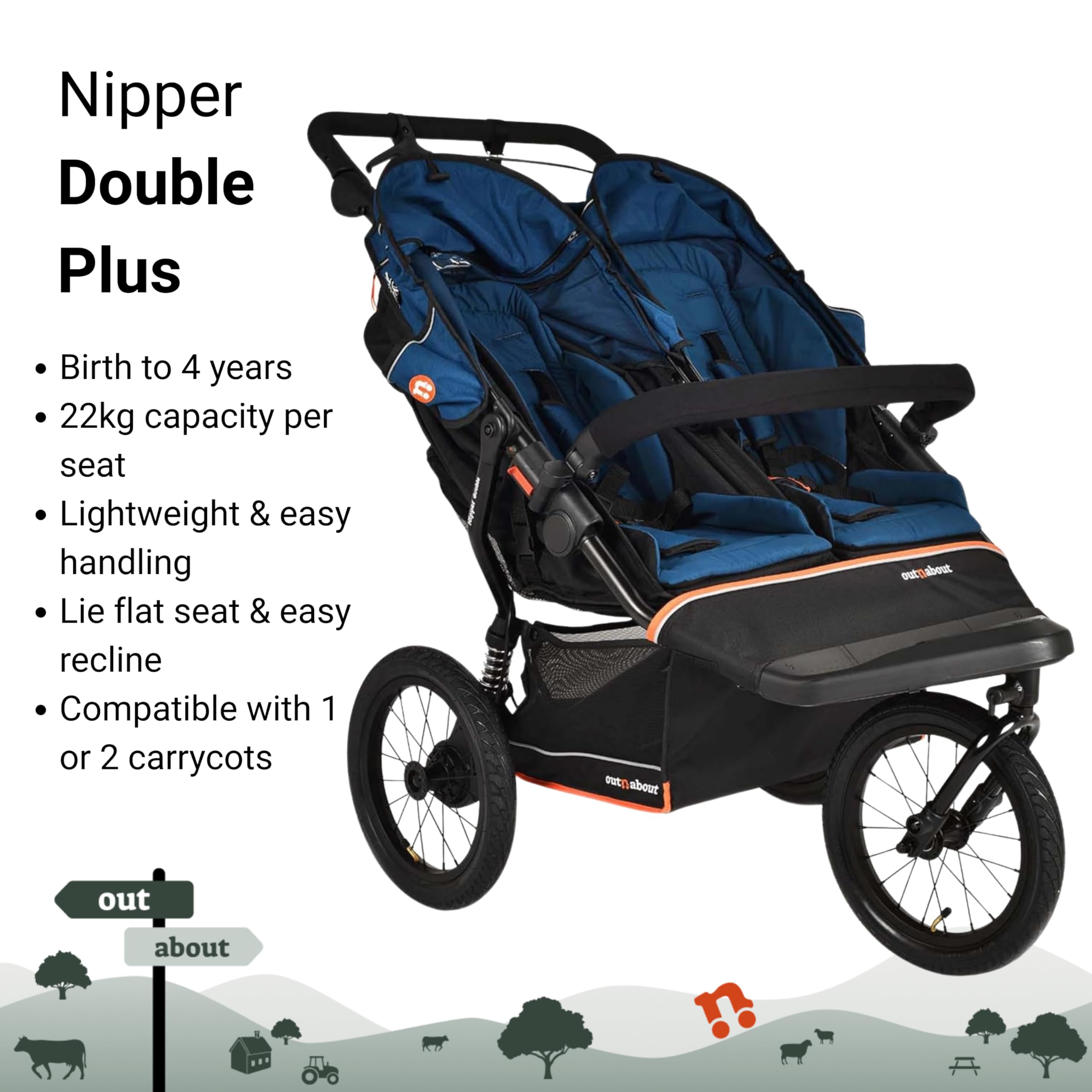 Out'n'About Nipper - Passeggino doppio modello V6+ e parapioggia, passeggino da corsa certificato, leggero per tutti i terreni con una sola mano, doppia carrozzina con sospensioni, ruote gonfiate ad