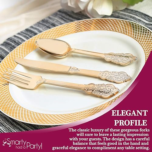 Miniatura 4 de Juego de 600 tenedores de plástico dorados – Juego de tenedores desechables pesados – cubiertos barrocos de lujo resistentes – Juego de cubiertos de