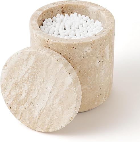 Miniatura 1 de WORHE Contenedor de mármol con tapa, soporte natural para hisopos de algodón, bolas, almohadillas, púas de hilo dental, sales de baño, organizador